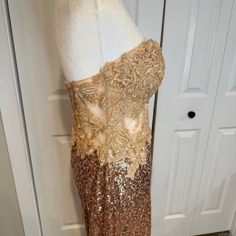 Colette by Daphne, Gold Lace and Sequence with Shear Bodice/ High Slit, Size  10 - Picture 10 of 17